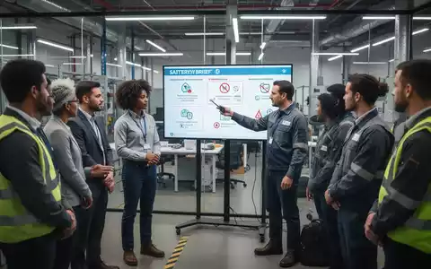 Mitarbeiter nehmen aufmerksam an einer Sicherheitsunterweisung teil, ein Trainer zeigt auf eine digitale Anzeige mit Richtlinien. - Foto: über boerse-global.de