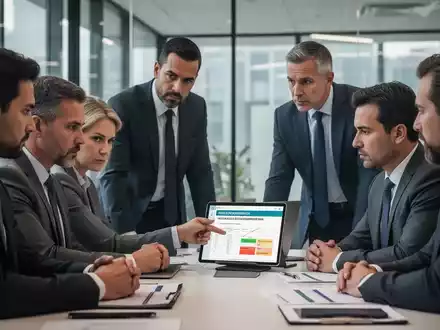 Führungskräfte besprechen Arbeitsschutzrichtlinien in einem modernen Büro, mit Fokus auf Risikobewertung und Prävention. - Foto: über boerse-global.de