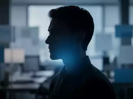 Eine Silhouette einer Person mit einem sanften blauen Licht, das psychisches Wohlbefinden symbolisiert, vor einem verschwommenen Bürohintergrund. - Foto: über boerse-global.de
