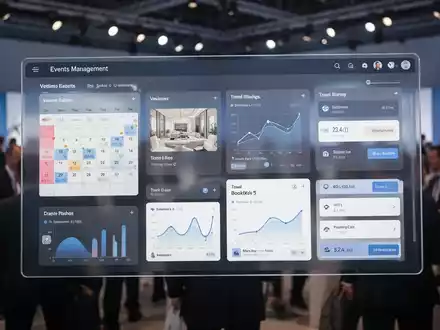 A modern digital interface showing event planning software with calendar, venue, and travel booking options, symbolizing unified corporate event management. - Foto: über boerse-global.de