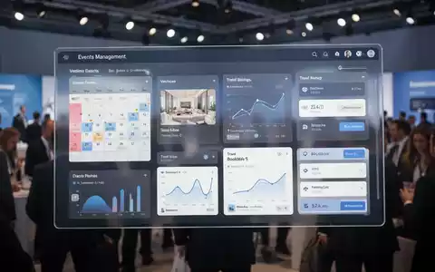 A modern digital interface showing event planning software with calendar, venue, and travel booking options, symbolizing unified corporate event management. - Foto: über boerse-global.de