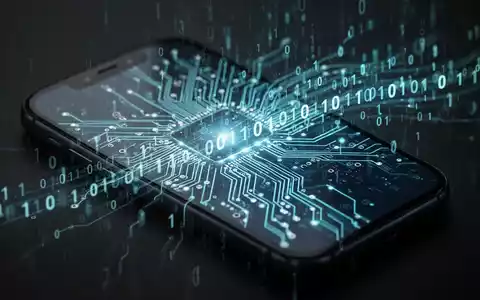 Ein Smartphone-Bildschirm zeigt eine stilisierte, leuchtende Leiterplatte mit fließendem binärem Code, der Datensicherheit und Cyberbedrohungen symbolisiert. - Foto: über boerse-global.de