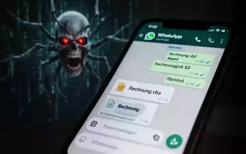 Ein Smartphone-Bildschirm zeigt eine WhatsApp-Nachricht mit einer verdächtigen VBS-Datei als Anhang. Im Hintergrund verschwommene, bedrohliche digitale Symbole. - Foto: über boerse-global.de