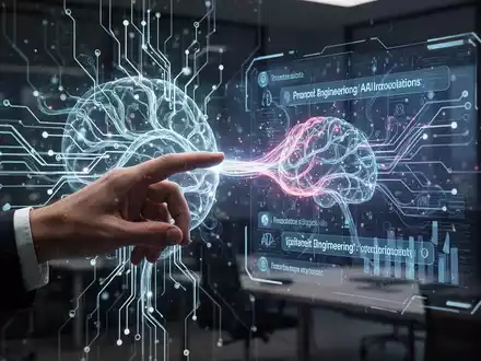 Eine menschliche Hand berührt eine leuchtende, holografische Oberfläche mit abstrakten Datenflüssen und KI-Prompts, umgeben von einer stilisierten neuronalen Netzstruktur. - Foto: über boerse-global.de