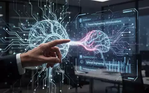 Eine menschliche Hand berührt eine leuchtende, holografische Oberfläche mit abstrakten Datenflüssen und KI-Prompts, umgeben von einer stilisierten neuronalen Netzstruktur. - Foto: über boerse-global.de