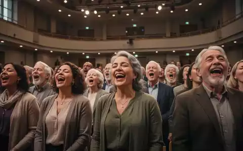 Eine vielfältige Gruppe von Menschen singt gemeinsam in einem großen, hellen Saal und drückt dabei Freude und Verbundenheit aus. - Foto: über boerse-global.de
