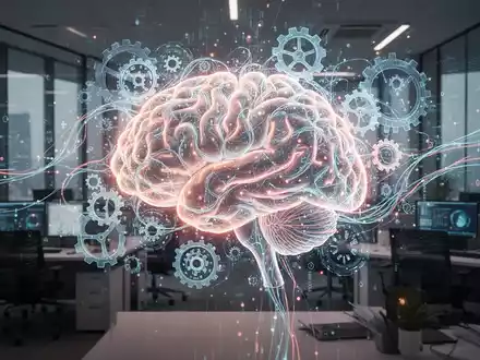 Ein stilisiertes, leuchtendes KI-Gehirn, das sich mit digitalen Zahnrädern und Datenströmen verflechtet und intelligente Automatisierung symbolisiert. - Foto: über boerse-global.de