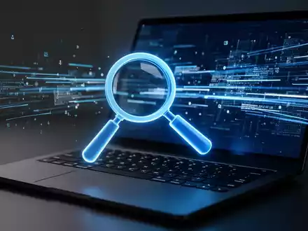 Ein stilisiertes, leuchtendes blaues Lupensymbol schwebt über einer dunklen Laptoptastatur mit digitalen Datenströmen auf dem Bildschirm. - Foto: über boerse-global.de