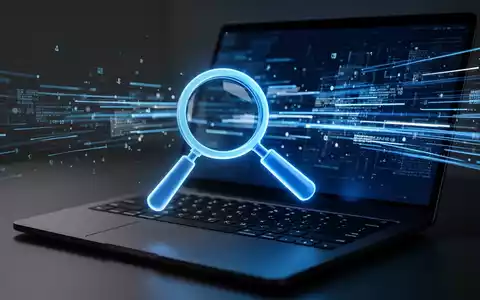 Ein stilisiertes, leuchtendes blaues Lupensymbol schwebt über einer dunklen Laptoptastatur mit digitalen Datenströmen auf dem Bildschirm. - Foto: über boerse-global.de