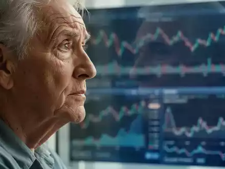 Eine nachdenkliche ältere Person blickt aus einem Fenster, im Hintergrund verschwommene Finanz- oder Medizindaten. - Foto: über boerse-global.de