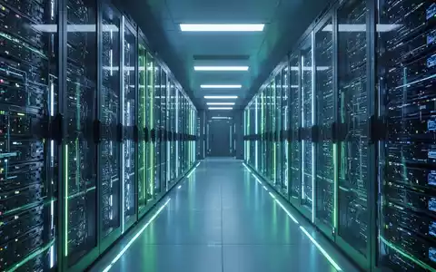 Ein moderner Serverraum mit blauen und grünen Lichtern, der Technologie und Rechenleistung symbolisiert. - Foto: über boerse-global.de