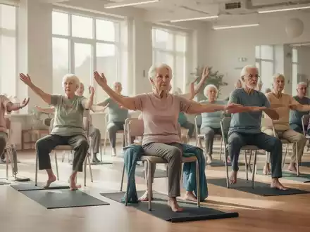 Ältere Menschen unterschiedlicher Herkunft praktizieren Sitz-Yoga auf Stühlen in einem hellen, modernen Gemeindesaal. - Foto: über boerse-global.de