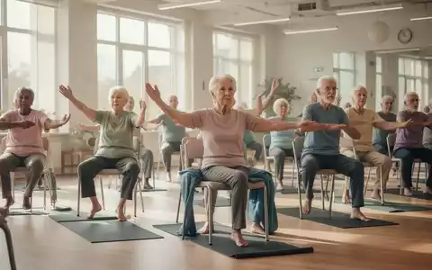 Ältere Menschen unterschiedlicher Herkunft praktizieren Sitz-Yoga auf Stühlen in einem hellen, modernen Gemeindesaal. - Foto: über boerse-global.de