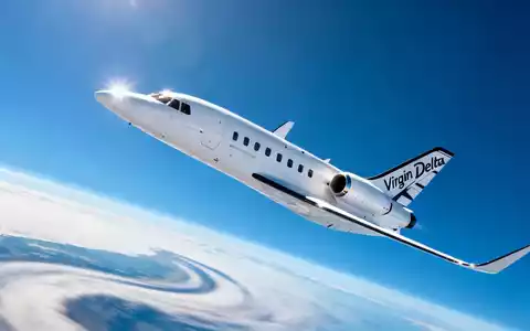 Futuristisches weißes Virgin Galactic Delta-Raumschiff fliegt hoch über der Erde. Blauer Himmel, Sonne glänzt auf der Oberfläche. - Foto: über boerse-global.de