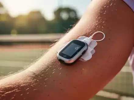 Nahaufnahme eines Glukosesensors am Arm einer Person, verschwommener Hintergrund mit Andeutung von Sommerhitze und einem Tennisplatz. - Foto: über boerse-global.de