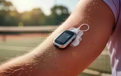 Nahaufnahme eines Glukosesensors am Arm einer Person, verschwommener Hintergrund mit Andeutung von Sommerhitze und einem Tennisplatz. - Foto: über boerse-global.de