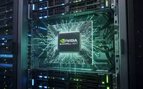 A glowing, futuristic NVIDIA Blackwell-Next GPU chip integrated into a high-tech data center server rack with blue and green light. - Foto: über boerse-global.de