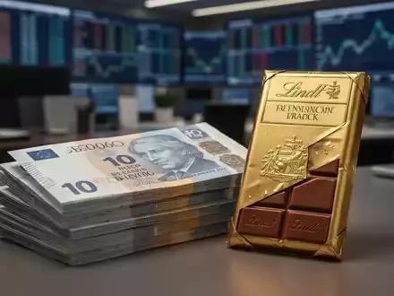 Ein Stapel Schweizer Franken Banknoten neben einer Tafel Lindt Schokolade mit goldener Verpackung. Unscharfer Bürohintergrund. - Foto: über boerse-global.de
