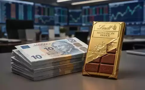 Ein Stapel Schweizer Franken Banknoten neben einer Tafel Lindt Schokolade mit goldener Verpackung. Unscharfer Bürohintergrund. - Foto: über boerse-global.de