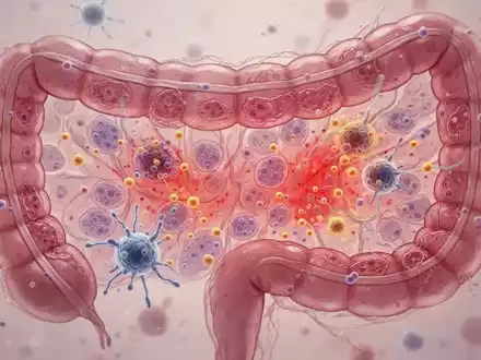 Mikroskopische Ansicht von entzündetem Darmgewebe mit verschobenen Zellen und Immunzellaktivität bei Colitis ulcerosa. - Foto: über boerse-global.de