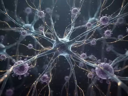 Abstrakte Darstellung von Nervenbahnen und Mikroglia-Zellen, die mit feinen, goldenen Linien verknüpft sind, symbolisiert Forschung zu Fibromyalgie. - Foto: über boerse-global.de