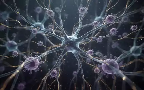 Abstrakte Darstellung von Nervenbahnen und Mikroglia-Zellen, die mit feinen, goldenen Linien verknüpft sind, symbolisiert Forschung zu Fibromyalgie. - Foto: über boerse-global.de