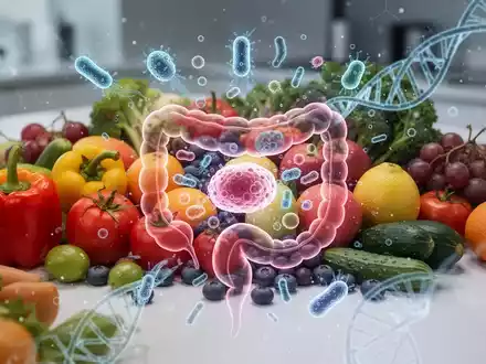 Nahaufnahme von frischem Obst und Gemüse, das auf einer sauberen Oberfläche angeordnet ist, mit einer subtilen Überlagerung von Mikrobiom-Elementen. - Foto: über boerse-global.de