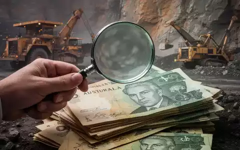 Eine Hand hält eine Lupe über einen Stapel australischer Dollar-Banknoten, mit Bergbauausrüstung im Hintergrund. - Foto: über boerse-global.de