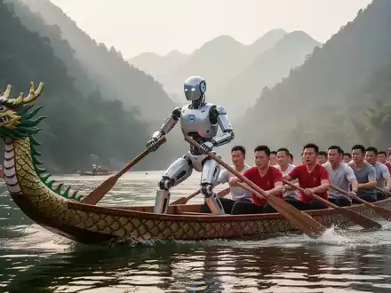 A humanoid robot with a metallic finish rowing a traditional dragon boat on a river, surrounded by human rowers and green mountains. - Foto: über boerse-global.de