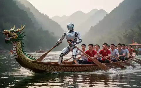 A humanoid robot with a metallic finish rowing a traditional dragon boat on a river, surrounded by human rowers and green mountains. - Foto: über boerse-global.de