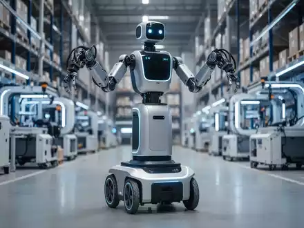 A sophisticated humanoid robot with a wheeled base and two robotic arms stands in a modern, automated warehouse setting. - Foto: über boerse-global.de