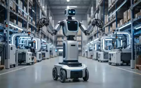 A sophisticated humanoid robot with a wheeled base and two robotic arms stands in a modern, automated warehouse setting. - Foto: über boerse-global.de