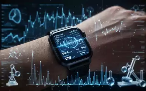Ein modernes Wearable-Gerät am Handgelenk zeigt detaillierte biometrische Daten und Gesundheitsmetriken an, umgeben von verschwommenen Datenströmen. - Foto: über boerse-global.de
