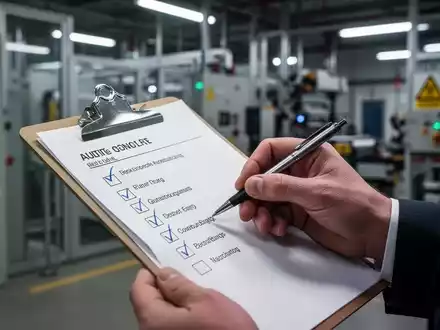 Eine Hand hält ein Klemmbrett mit einer Checkliste und einem Stift in einer industriellen Umgebung, die eine Sicherheitsprüfung symbolisiert. - Foto: über boerse-global.de
