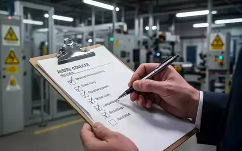 Eine Hand hält ein Klemmbrett mit einer Checkliste und einem Stift in einer industriellen Umgebung, die eine Sicherheitsprüfung symbolisiert. - Foto: über boerse-global.de