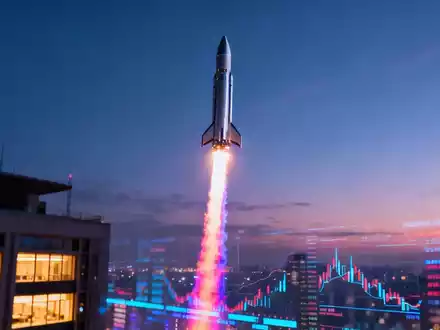 Eine Rakete startet in den Nachthimmel über einem verschwommenen Finanzviertel mit digitalen Marktdaten. - Foto: über boerse-global.de