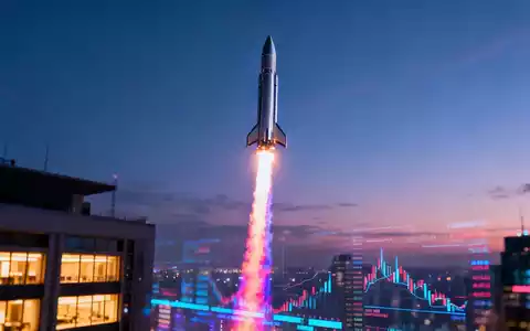 Eine Rakete startet in den Nachthimmel über einem verschwommenen Finanzviertel mit digitalen Marktdaten. - Foto: über boerse-global.de