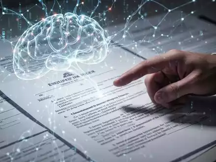 Eine abstrakte Darstellung von KI-Technologie, die sich mit juristischen Dokumenten und einer Hand vermischt und die Auswirkungen von KI auf das Arbeitsrecht symbolisiert. - Foto: über boerse-global.de