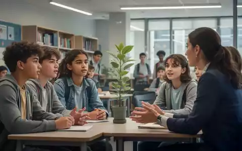 Jugendliche und ein Lehrer in einer modernen Schule, die sich über psychische Gesundheit und Wohlbefinden austauschen. - Foto: über boerse-global.de