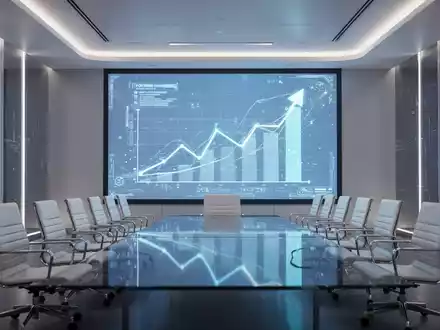 Ein moderner Konferenzraum mit einem Bildschirm, der ein abstraktes Wachstumschart zeigt, leere Stühle. - Foto: über boerse-global.de
