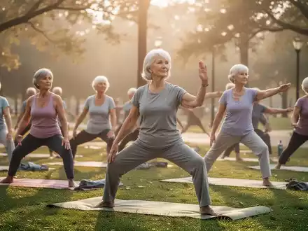 Senioren praktizieren Yoga im Freien, umgeben von Natur, bei Sonnenaufgang. Die Szene strahlt Ruhe und Prävention aus. - Foto: über boerse-global.de