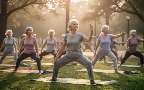 Senioren praktizieren Yoga im Freien, umgeben von Natur, bei Sonnenaufgang. Die Szene strahlt Ruhe und Prävention aus. - Foto: über boerse-global.de