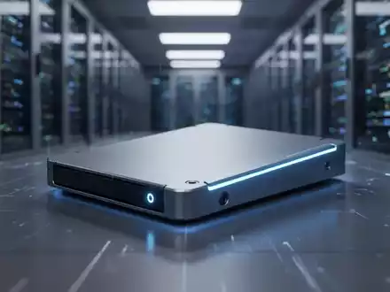 Nahaufnahme einer modernen Festplatte oder SSD mit blauem Schimmer vor einem unscharfen Serverraumhintergrund. - Foto: über boerse-global.de