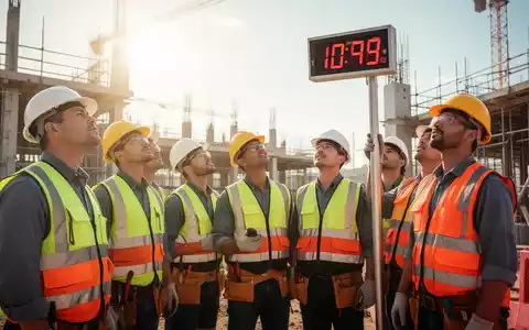 Bauarbeiter in PSA auf einer sonnigen Baustelle, die auf ein digitales Thermometer mit hoher Temperatur blicken, symbolisiert Arbeitsschutz bei Hitze. - Foto: über boerse-global.de