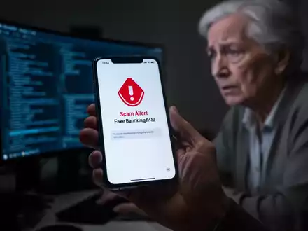 Nahaufnahme einer Hand, die ein Smartphone mit einer Betrugswarnung hält, im Hintergrund eine besorgte ältere Person an einem Computer. - Foto: über boerse-global.de
