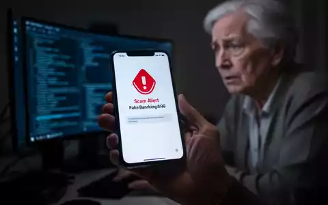 Nahaufnahme einer Hand, die ein Smartphone mit einer Betrugswarnung hält, im Hintergrund eine besorgte ältere Person an einem Computer. - Foto: über boerse-global.de