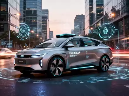 Ein futuristisches, autonomes Robotaxi-Fahrzeug von Geely auf einer Stadtstraße bei Dämmerung, mit digitalen Überlagerungen. - Foto: über boerse-global.de