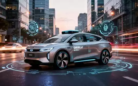 Ein futuristisches, autonomes Robotaxi-Fahrzeug von Geely auf einer Stadtstraße bei Dämmerung, mit digitalen Überlagerungen. - Foto: über boerse-global.de