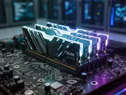 Close-up of a computer motherboard with glowing RAM sticks, symbolizing the divergence in hardware component pricing. - Foto: über boerse-global.de