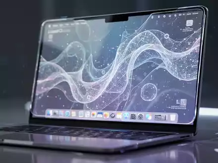 Close-up of a laptop screen displaying a translucent macOS interface with 'Liquid Glass' design elements, abstract glowing digital patterns. - Foto: über boerse-global.de